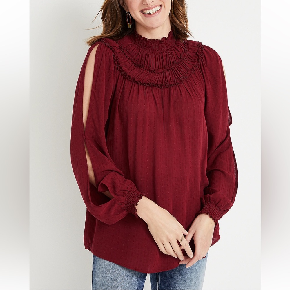 Smocked cut out sleeve blouse